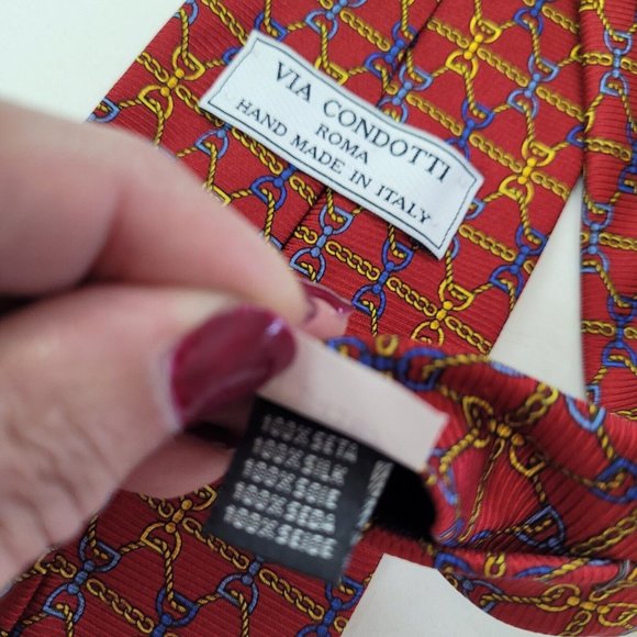 Via Condotti Roma Tie Mens OS Necktie Red Equestrian Chain Print Silk Handmade - Picture 5 of 9